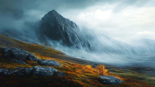 Misty mountain ridge with golden autumn valley contrast.