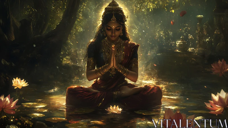 Ornate meditative goddess in lotus pose amid volumetric water light