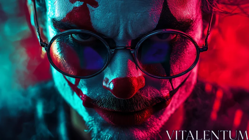 Clown makeup portrait in split red and teal lighting.
