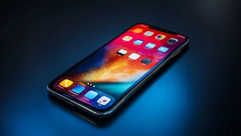 Smartphone displayed at angle on blue surface with gradient wallpaper