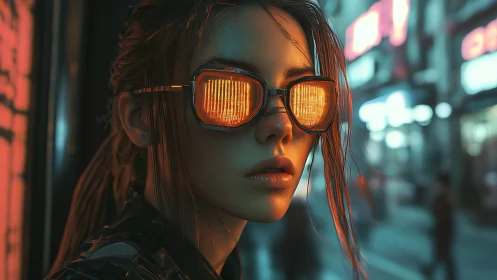 Cyberpunk portrait isolates neon-lit visor reflection in dusk street