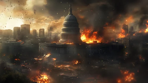 Capitol dome engulfed in apocalyptic citywide inferno.