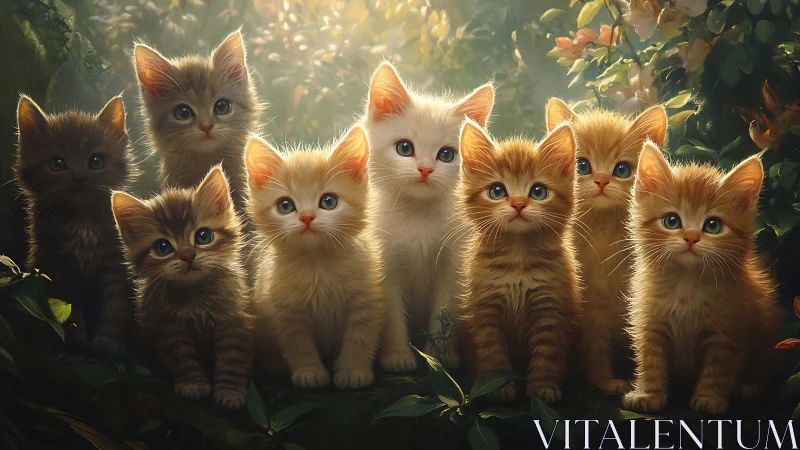 Group of seven kittens in garden setting with backlit foliage.