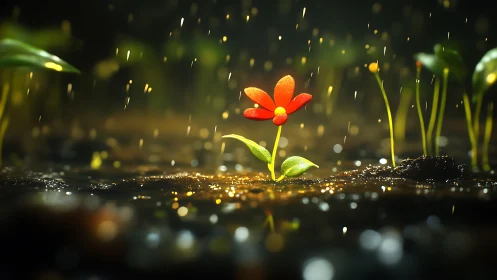 Tiny red flower glowing with gentle hope in soft rain.