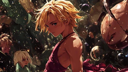 Blond anime warrior amid swirling fragments and echoes.