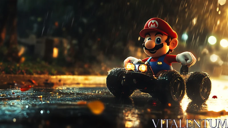 Rain-soaked kart driver racing through cinematic night street.