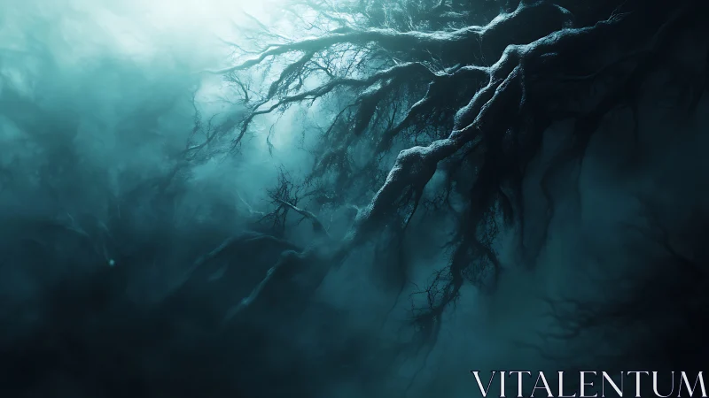 Dark tangled tree roots in dense atmospheric mist.