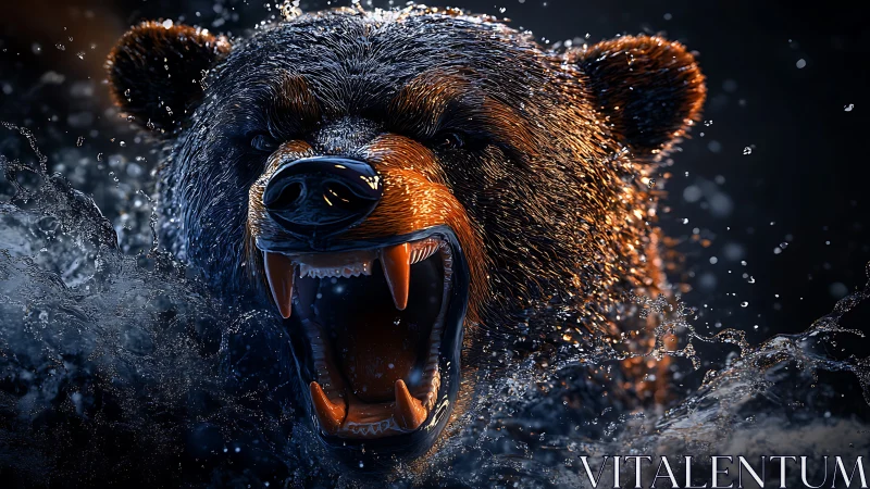 Roaring brown bear in water with dramatic lighting impact.