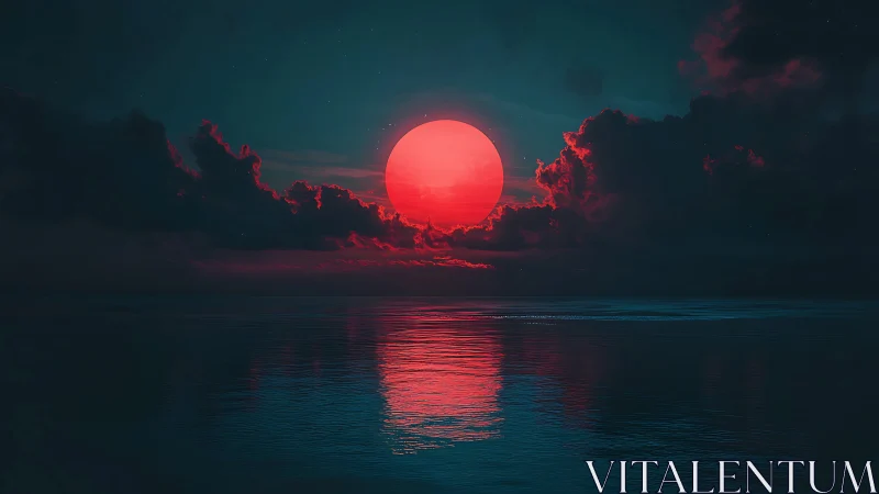 Crimson celestial moon sinks into a tranquil dark ocean.