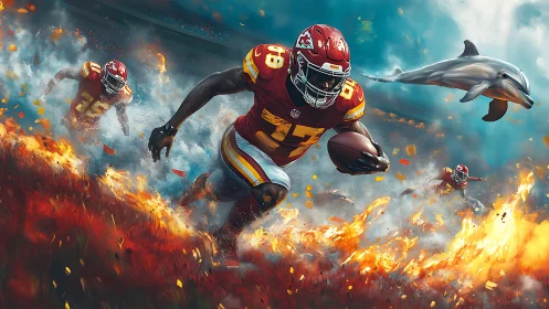 Football players sprint through flames with leaping dolphin