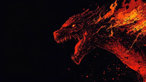 Flaming kaiju head silhouette erupts against deep-black void