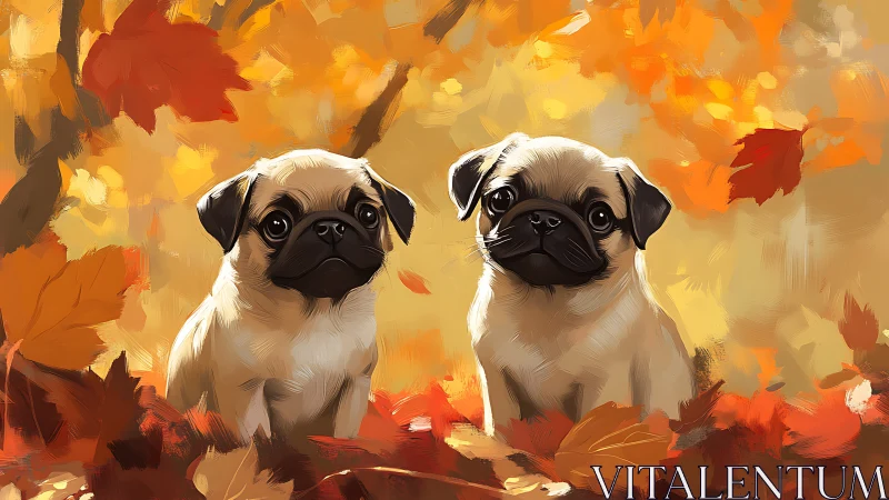 Twin fawn pug puppies in stylized autumn maple foliage