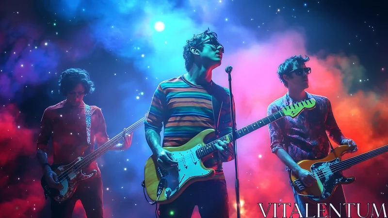 Indie rock trio under neon cosmic stage lighting.