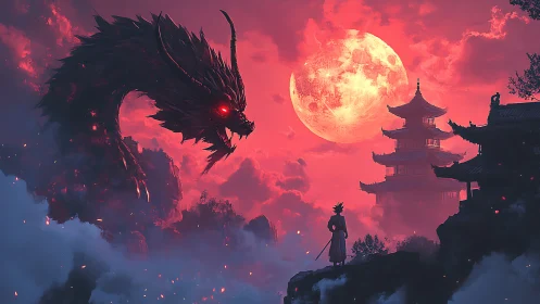 Digital painting of lunar dragon and lone warrior confrontation.