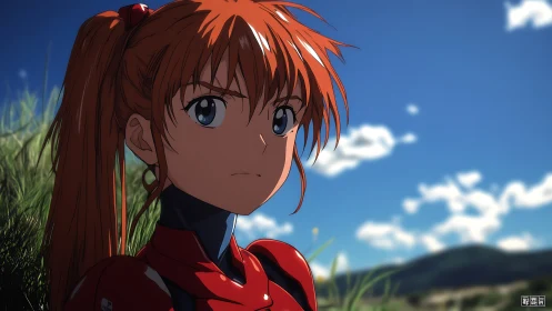 Anime pilot in red plugsuit under high-contrast daylight sky