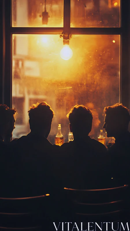 Four silhouetted figures seated at bar beneath warm light.