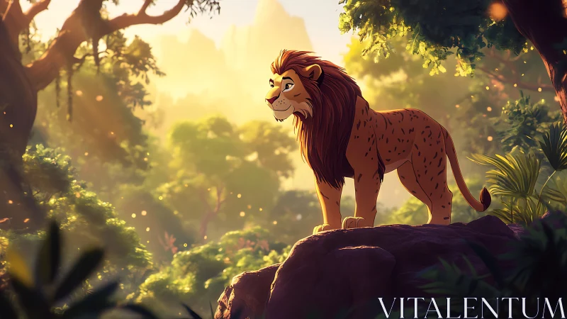 Sunlit jungle lion stands proud on a rocky forest overlook