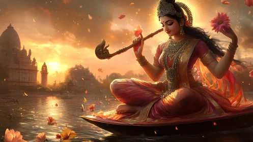 Sunlit river blossoms serenade a serene divine musician