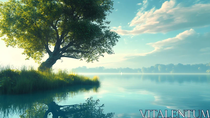 Sunlit lakeside tree reflected in calm morning water.