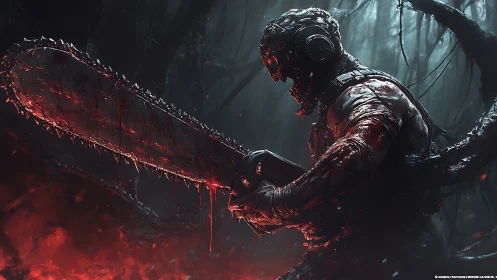 Cinematic 3D horror warrior with gore-soaked chainsaw silhouette.