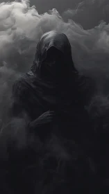 Hooded human figure stands in dense monochrome swirling mist