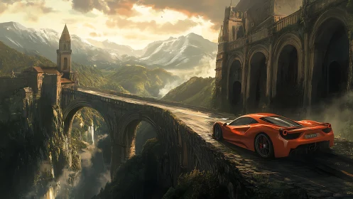 Scarlet supercar glides into a forgotten mountain citadel road