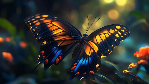 Vivid blue and orange butterfly resting in soft garden light.