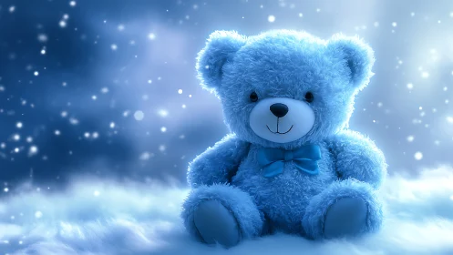 Soft blue teddy bear on luminous snowy bokeh background.