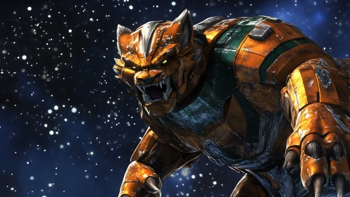 3D mech-feline predator in dynamic low-orbit starfield composition.