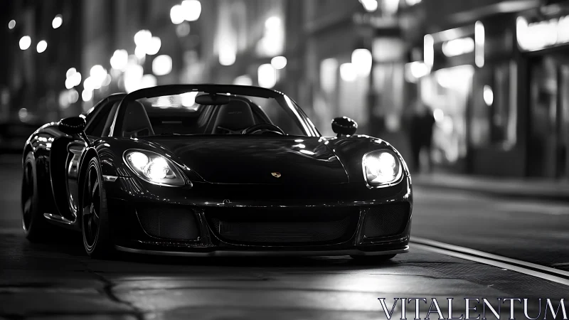 Sleek black sports car glowing softly under city lights.