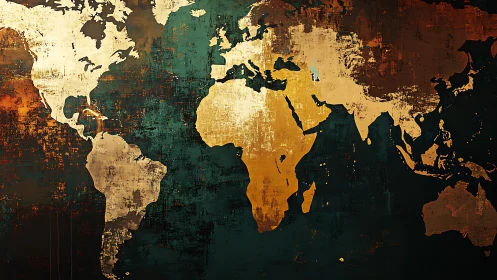 Warm textured world map glows with rustic golden continents