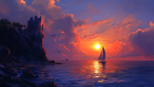 Sailboat crosses vivid sunset sea beside shadowed cliff tower