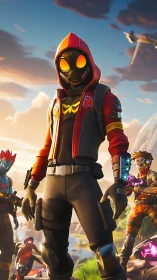 Hooded masked game hero leading neon lit battle squad.