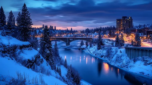 Twilight river corridor with illuminated winter bridge and skyline.
