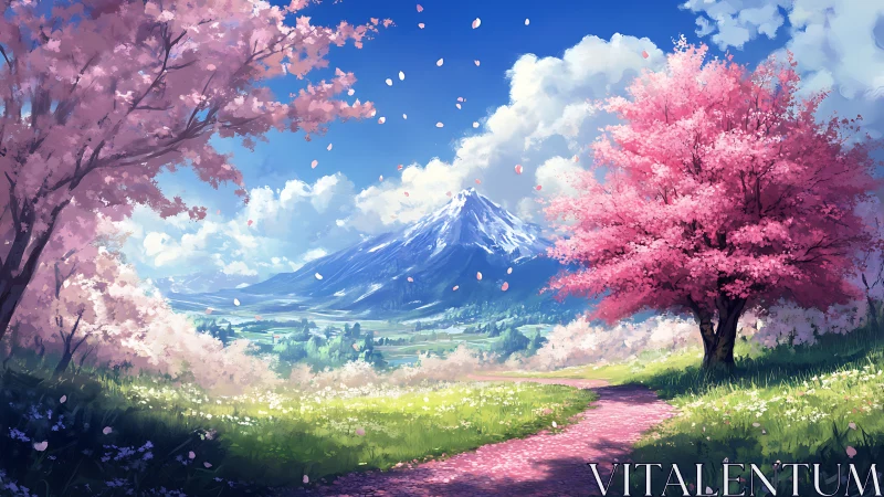 Petals drift toward the snowcapped mountain’s spring crown