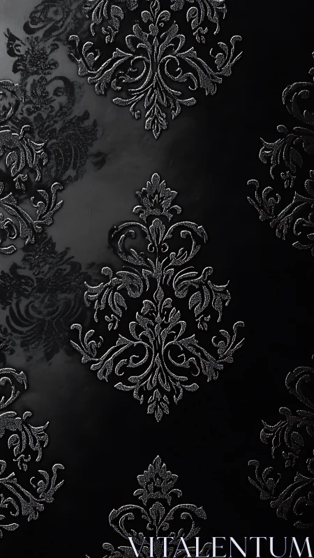 Embossed silver damask ornaments repeat on glossy black