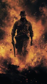 Lone gunslinger strides through roaring inferno with resolve
