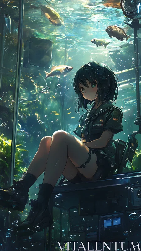 Submerged girl pauses as curious fish orbit her quiet post