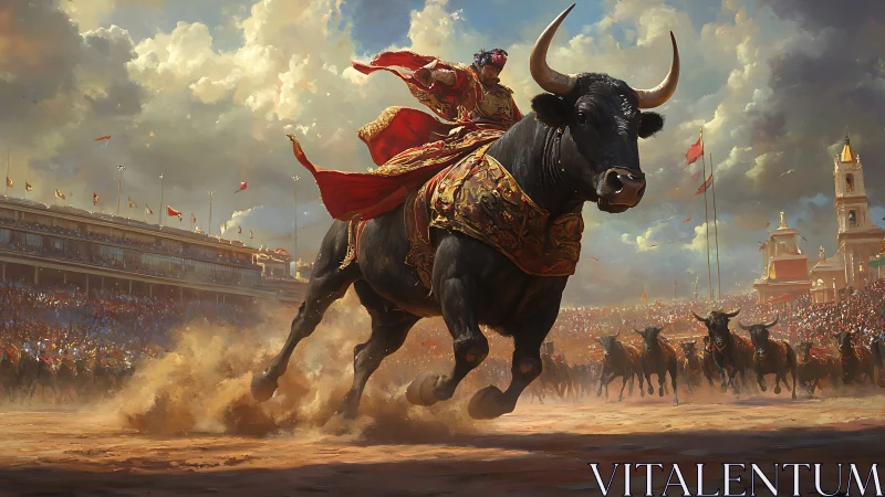 Regal bull rider charging through arena dust and banners.