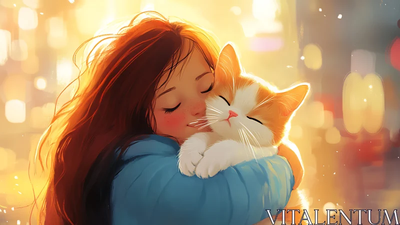 Red-haired girl embracing orange cat in warm light