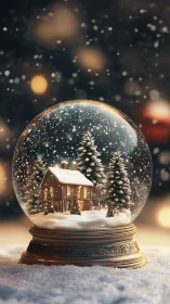Cozy winter cabin glowing inside a magical snow globe.