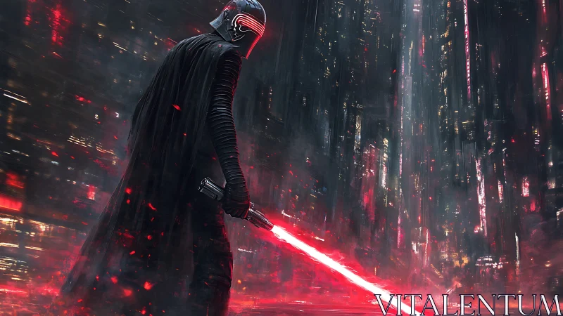 Armored figure with red energy blade in urban sci fi scene.