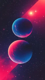 Twin neon planets drift softly through a dreamy cosmic sky
