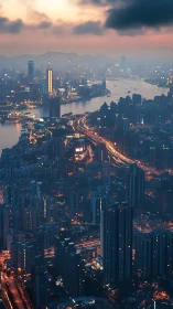 High-rise riverfront cityscape is captured at dusk
