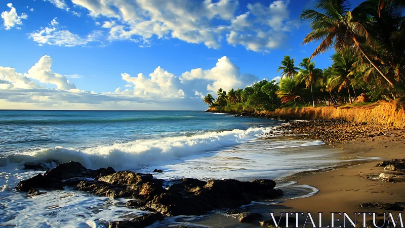 Tropical coastline with palm-lined bluff and breaking surf at dusk