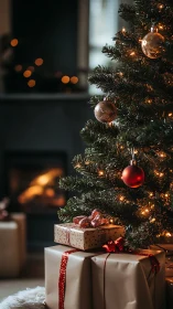 Christmas tree with wrapped gifts in warm living room.