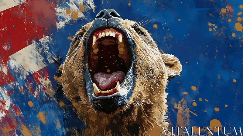 Roaring bear bursts from vivid abstract blue and red backdrop.