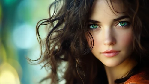 Photorealistic portrait with vivid green eyes and soft bokeh.