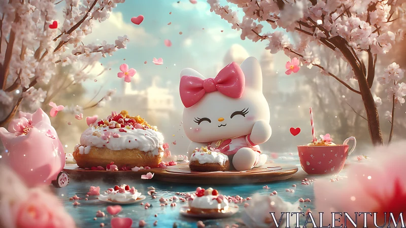 Whimsical Cat Figure Surrounded by Treats and Cherry Blossoms