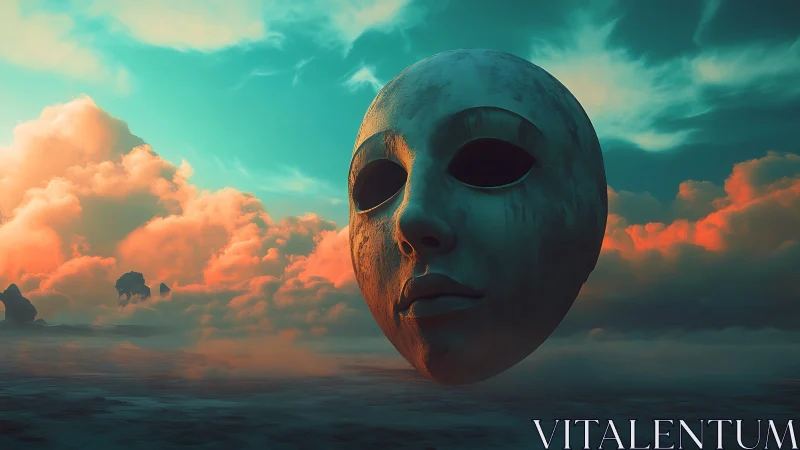 Colossal stone mask floats over surreal teal dusk clouds.